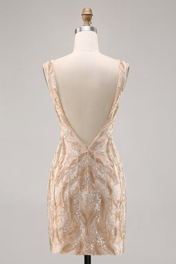 Champagne V-Neck Tight Homecoming Dress with Sequins